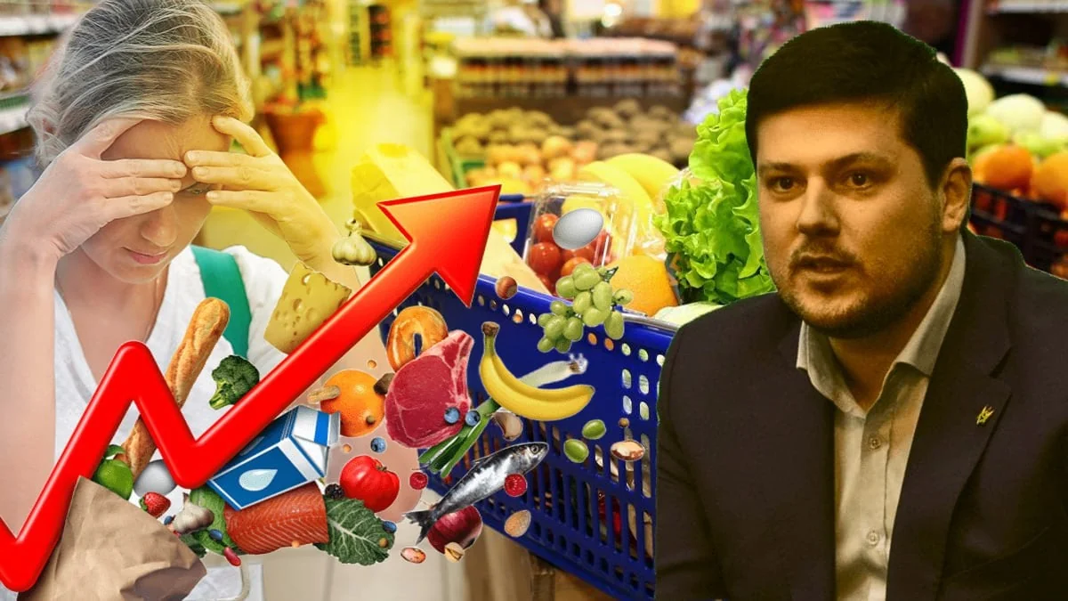 Олег Пендзин поруч із продуктами в супермаркеті та червоною стрілкою зростання цін через блекаути