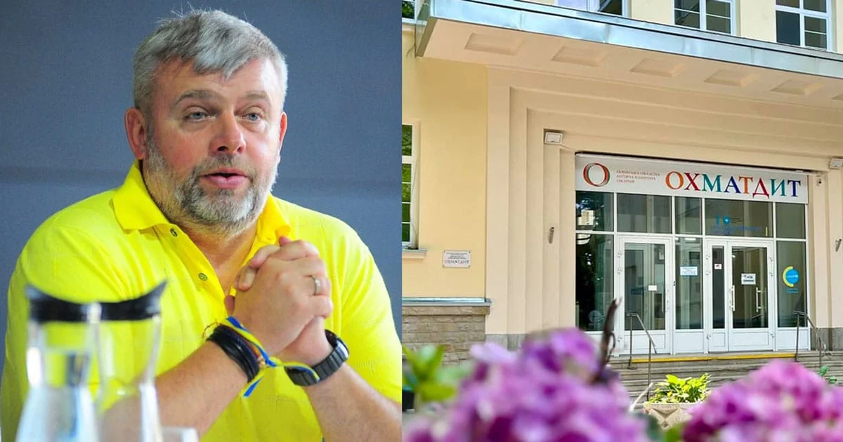 Григорій Козловський на тлі входу в «Охматдит»