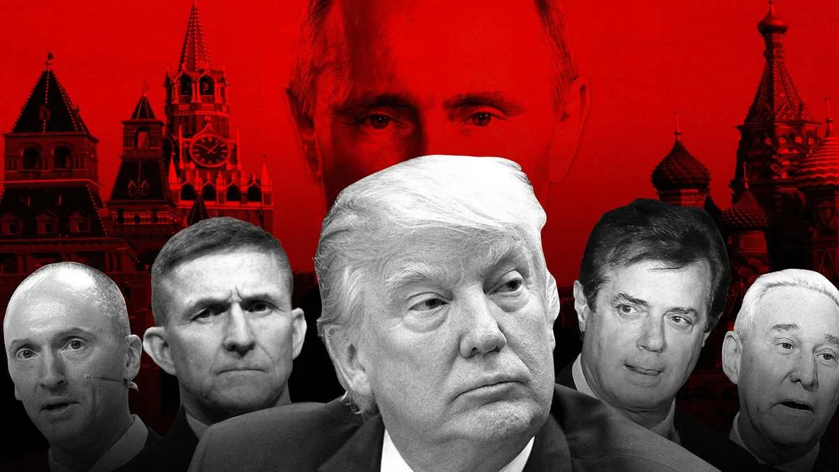 Дональд Трамп, Володимир Путін і Дмитро Пєсков на тлі Кремля