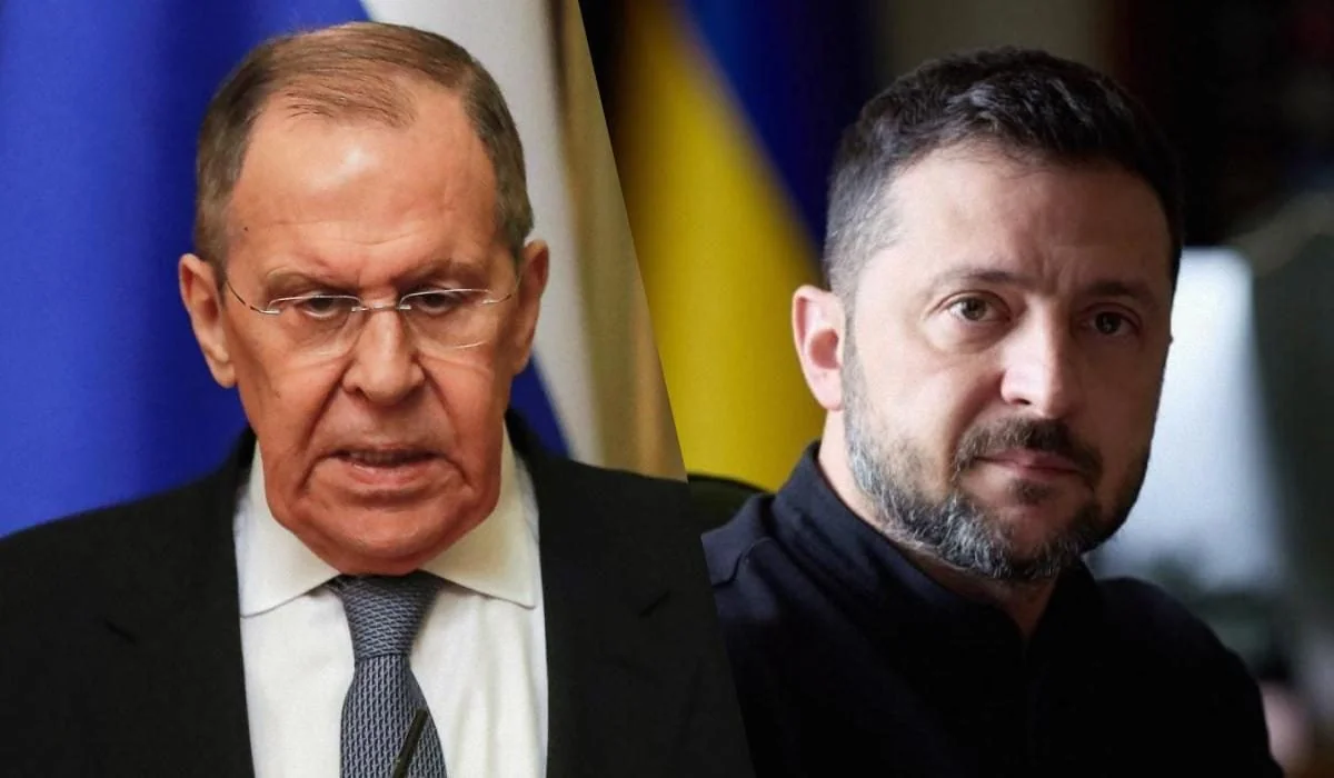 Сергій Лавров та Володимир Зеленський на тлі українських прапорів