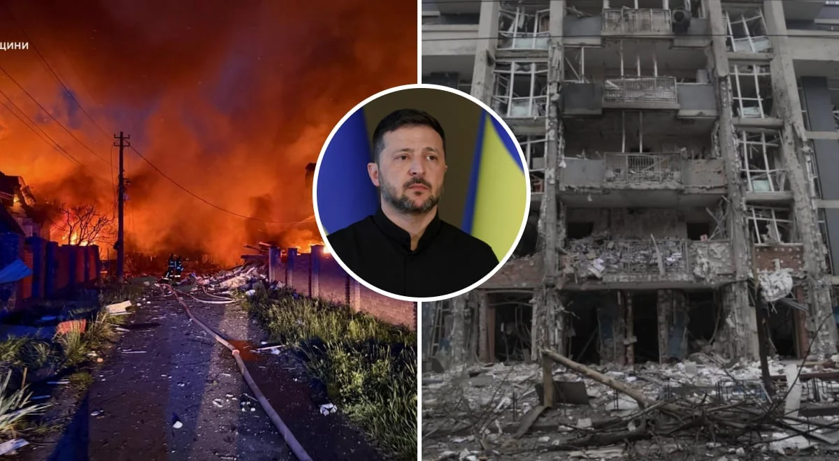 Володимир Зеленський на тлі пожежі та руйнувань від масованого удару РФ по Україні