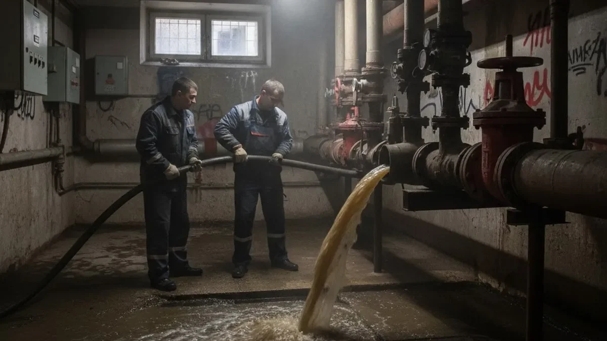 Робітники зливають воду з труб опалення в комітетах Верховної Ради.