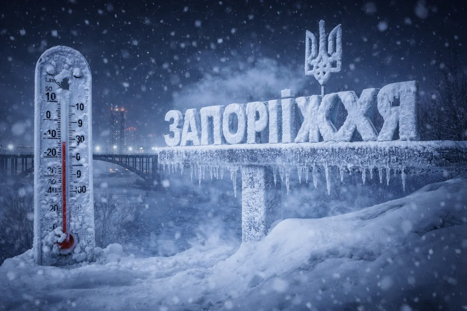Морози до -23° у Запоріжжі: термометр біля засніженого знаку з прапором України