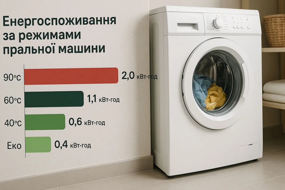 Графік електроспоживання пральної машини: 90°C — 2,0 кВт·год, 60°C — 1,1 кВт·год поряд з білою пральною машиною