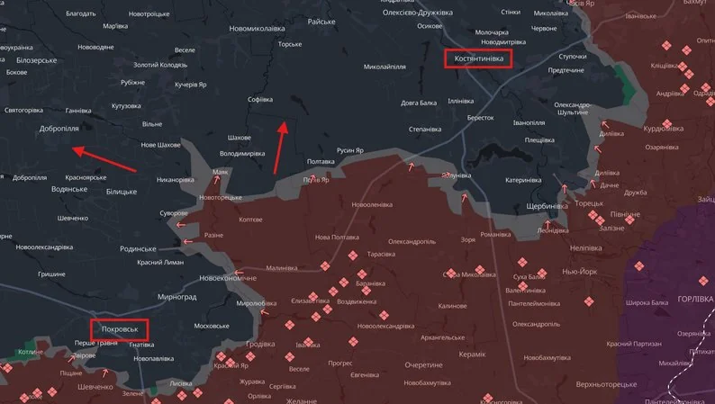 Карта наступу РФ на Мирноград і Покровськ з червоними стрілками та позначками