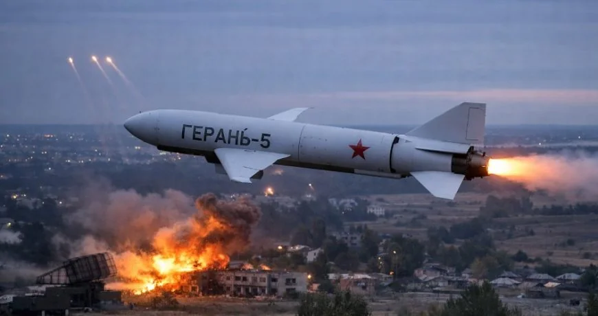 Запуск ракети «Герань-5» РФ над містом з вогнем і слідами двигунів.