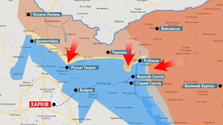 Карта гарячих точок штурмів росіян на Харківщині: Дігтярне, Нестерне, Кругле з червоними стрілками