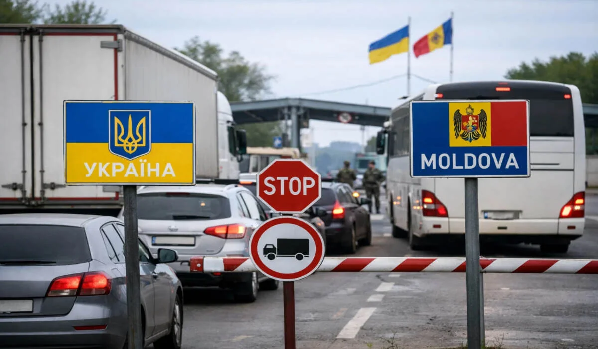 Очередь грузовиков, автобусов и авто на украино-молдавской границе возле знаков УКРАИНА и МОЛДОВА