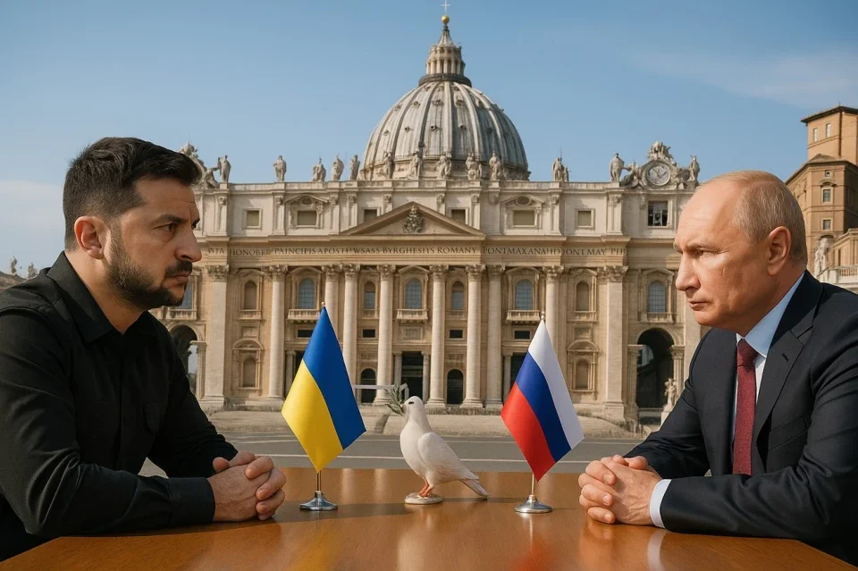 Символічні мирні переговори Зеленського і Путіна з голубом миру на тлі Ватикану