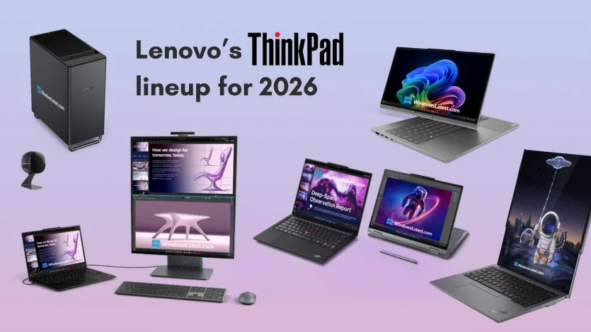 Линейка ThinkPad Lenovo 2026: ноутбуки, мониторы и аксессуары на фиолетовом фоне