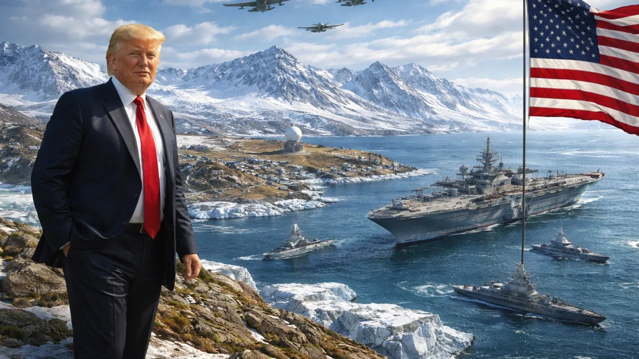 Дональд Трамп на засніженій Гренландії з флотом США та прапором