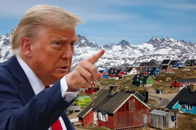 Дональд Трамп вказує пальцем на Гренландію зі сніговими горами та будинками