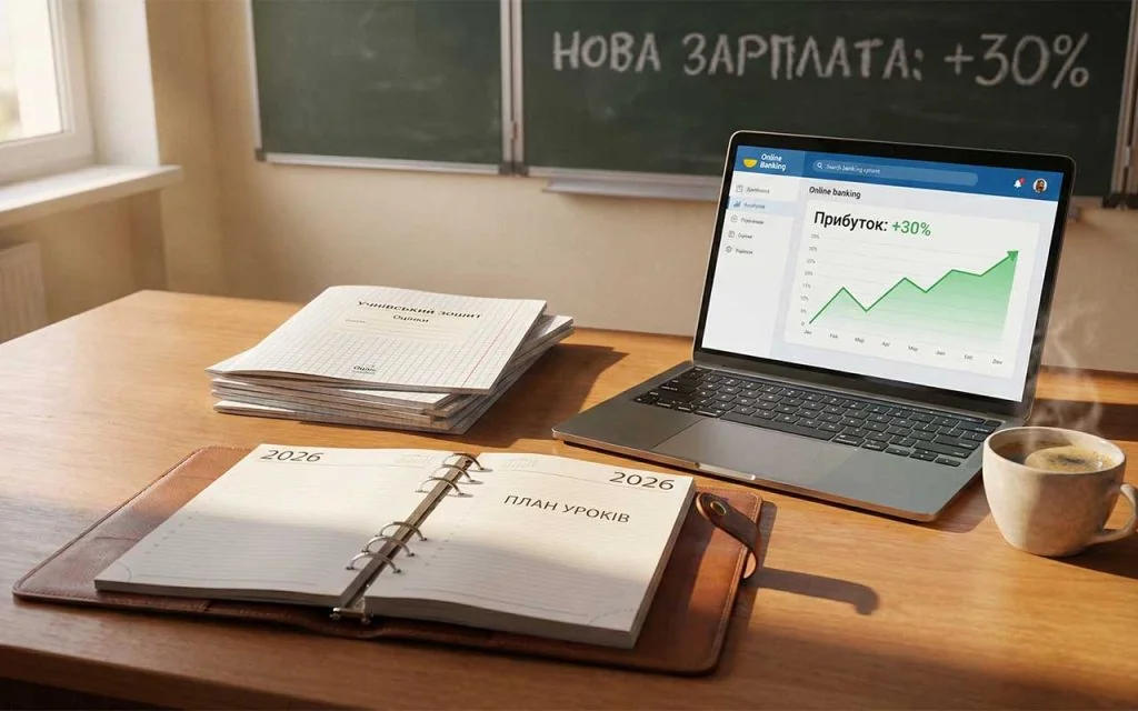 Шкільна дошка з написом «НОВА ЗАРПЛАТА +30%» та графік зростання зарплати на ноутбуці вчителя