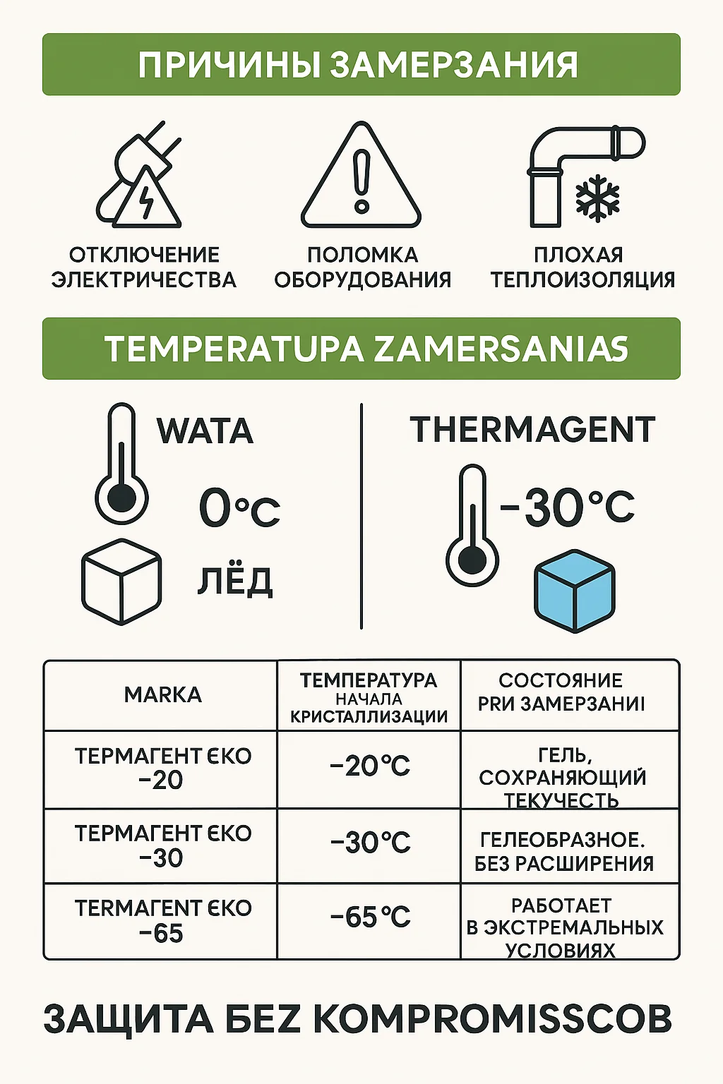 Правила захисту батарей від замерзання: вода 0°C, термоген -30°C, таблиця сумішей