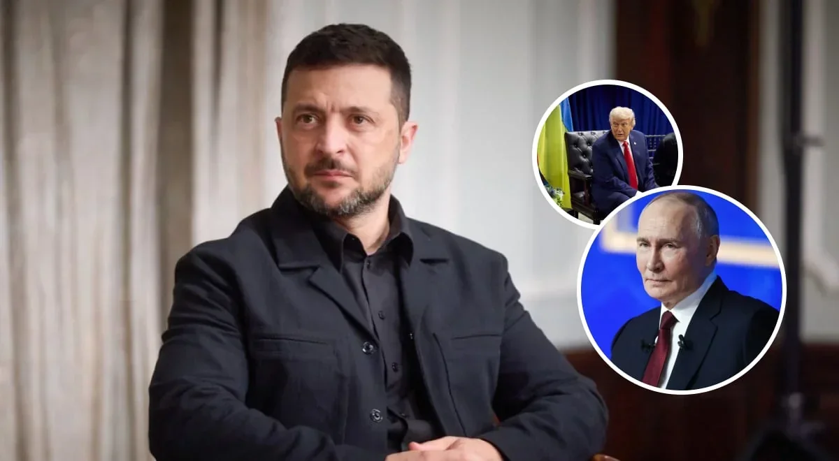 Володимир Зеленський з портретами Трампа та Путіна на тлі тристоронніх переговорів