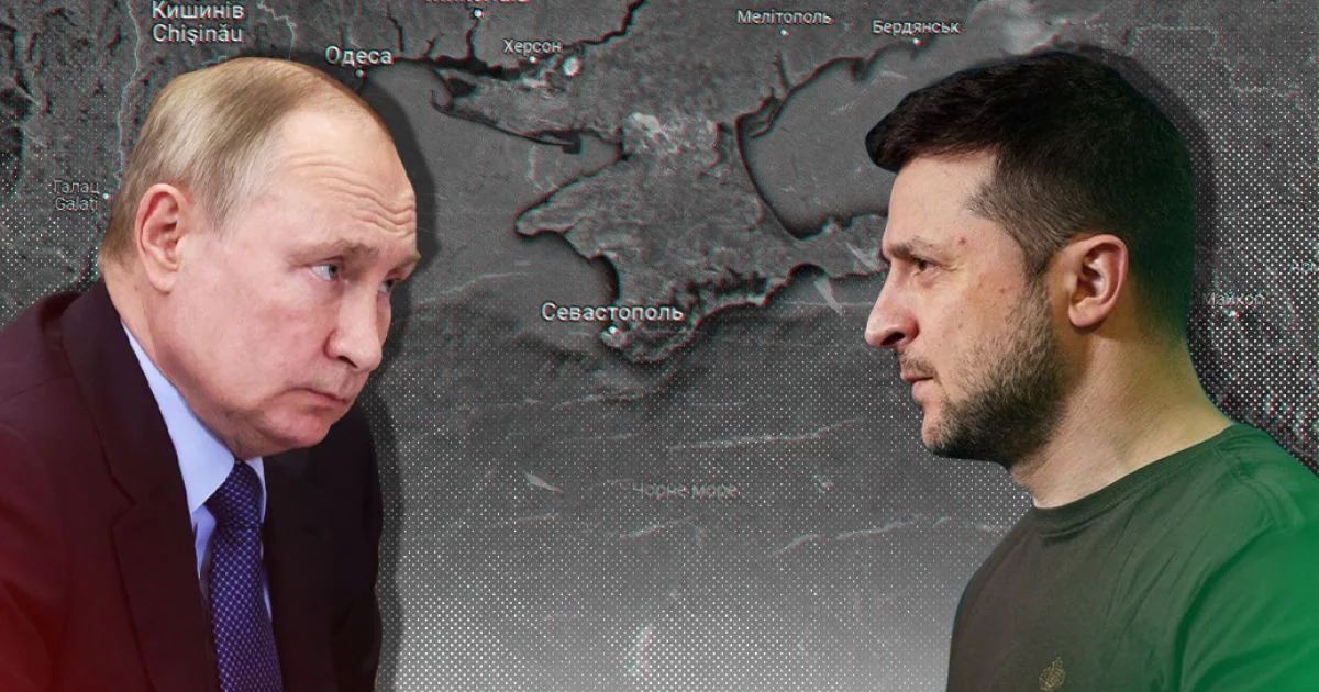 Володимир Зеленський та Володимир Путін на фоні карти України щодо переговорів про ЗАЕС