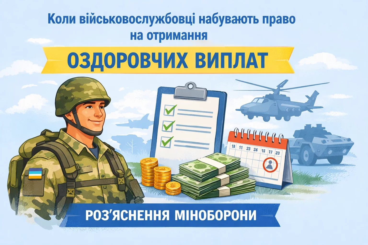 Військовослужбовець ЗСУ з оздоровчою виплатою: дошка умов, календар, гелікоптер, гроші
