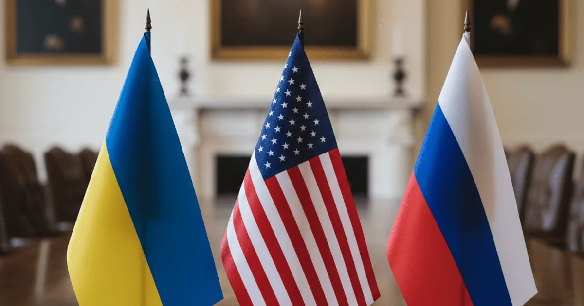 Прапори України, США та Росії на столі тристоронніх переговорів в Абу-Дабі
