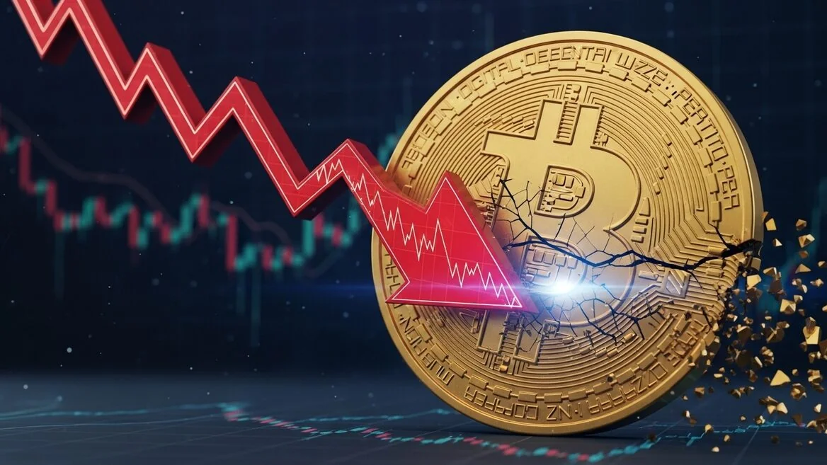 Биткоин обвалился: красная стрелка вниз на золотой монете с графиком потерь