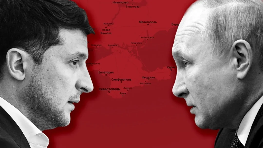 Зеленський та Путін обличчям до обличчя на тлі карти Донбасу