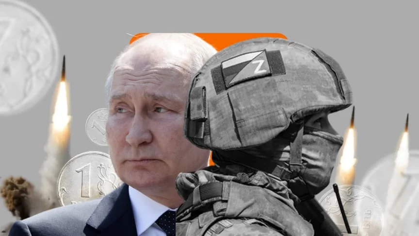Путин в каске Z среди ракет и падающих рублей, символ торможения экономики РФ