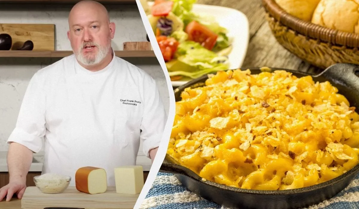 Шеф-кухар Роб Кармель з макаронами з сирною сумішшю чеддера та грюєра