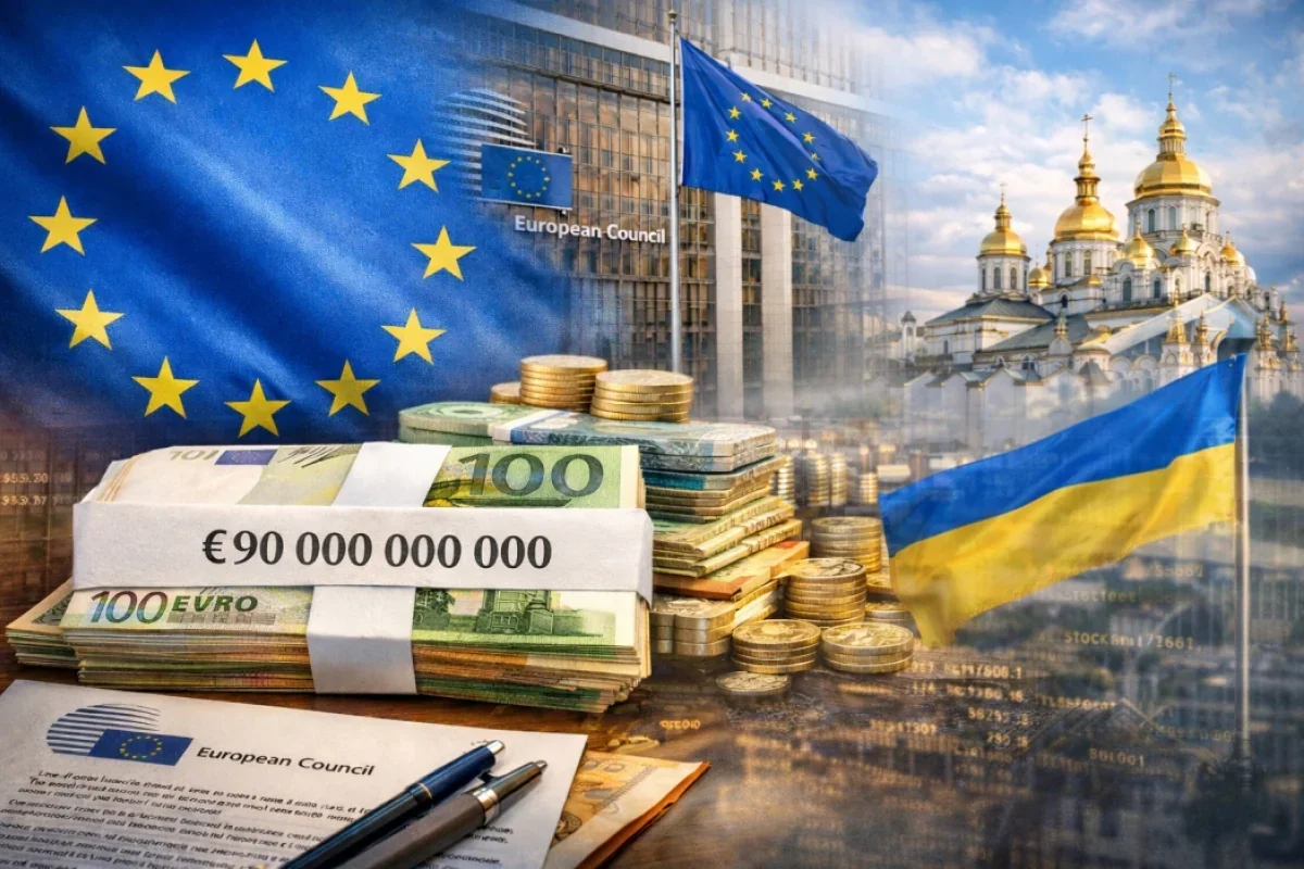 €90 млрд від ЄС поруч з українським прапором та куполами Києва