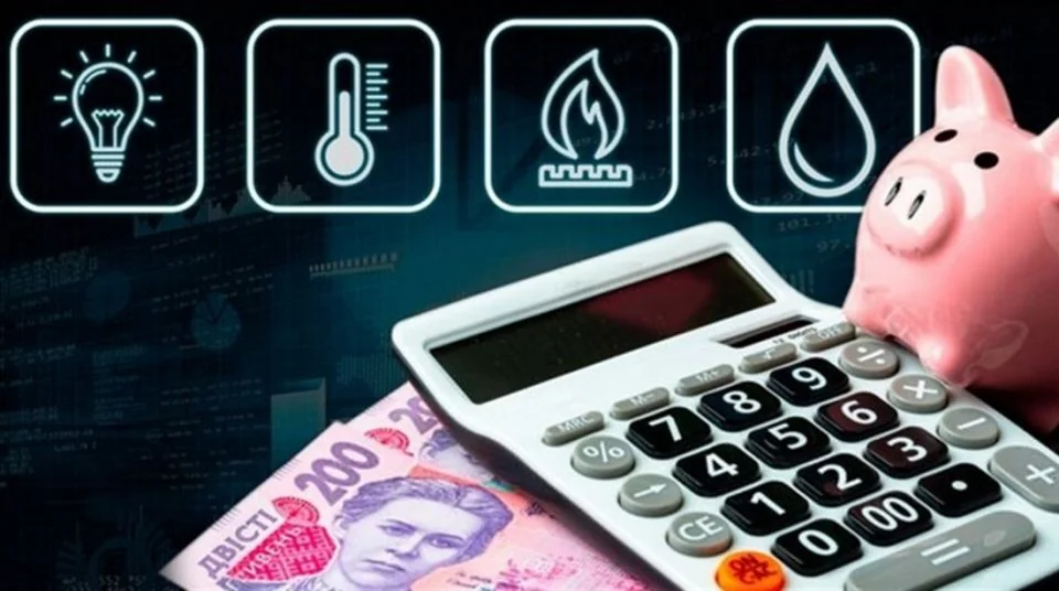 Іконки тепла, води, газу, електрики з калькулятором, гривнями та копилкою для перерахунку комуналки