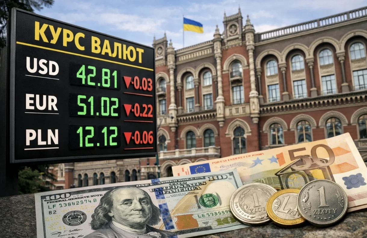 Табло курсів валют 12 лютого: долар 42,81 грн (-0,03), євро 51,02 грн (-0,22) з купюрами та прапором України