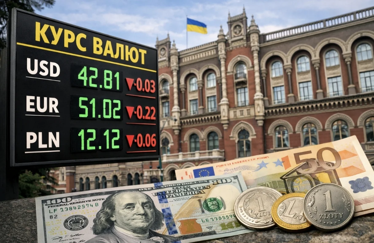 Курси валют на 5 лютого: USD 42.81 грн (-0.03), EUR 51.02 (+0.22), PLN 12.12 (+0.06) на табло з купюрами