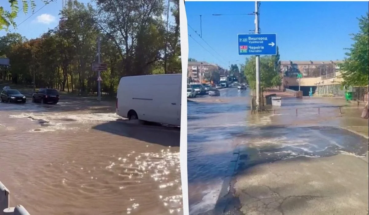 Потоп на Старокиевской возле метро Политехнический институт в Киеве, авто в потоке воды