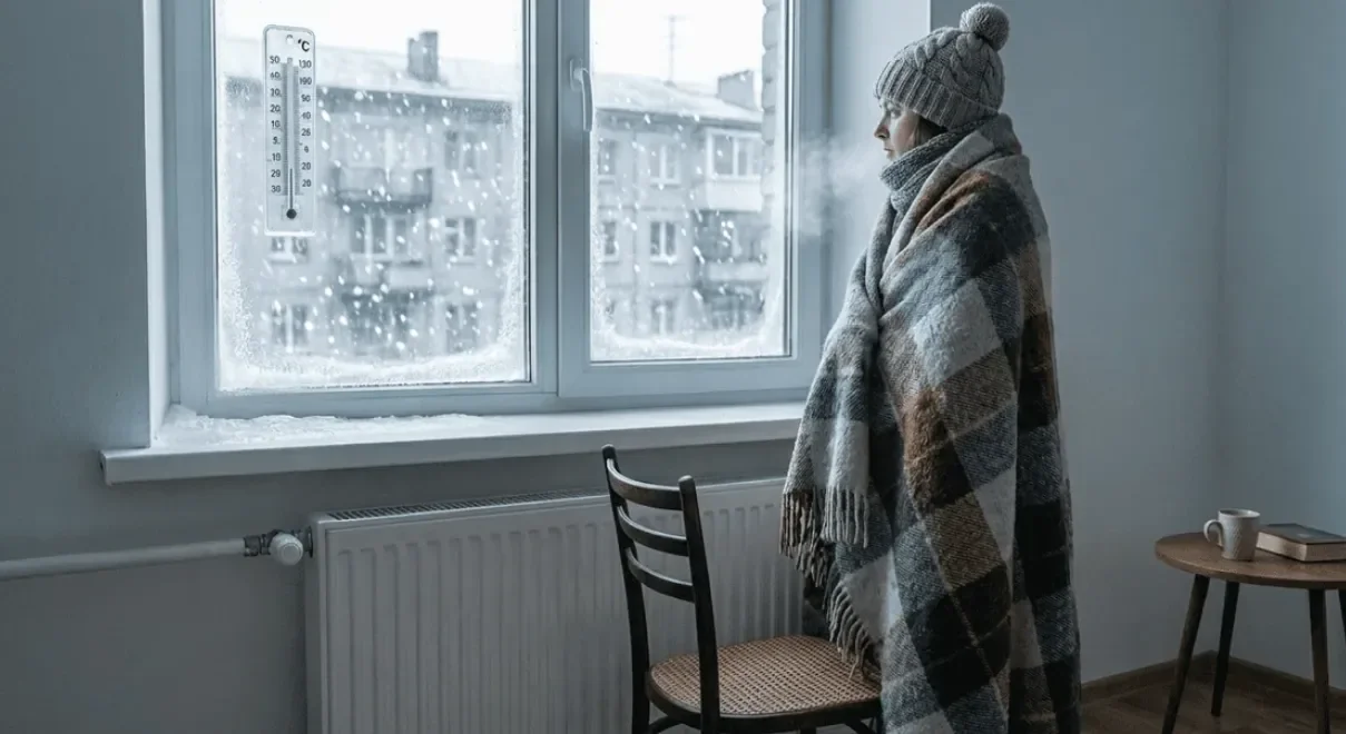 Жінка в ковдрі стоїть біля холодного вікна в київській квартирі без опалення.