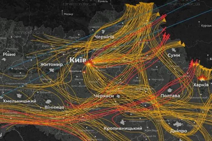 Карта траєкторій масованої атаки дронів на Сочі, Крим та РФ
