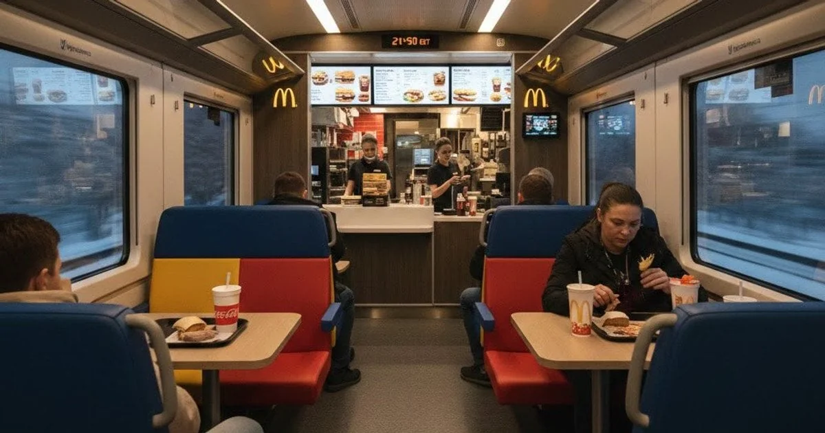 Філія McDonald’s у вагоні поїзда Укрзалізниці з бургерами та Coca-Cola