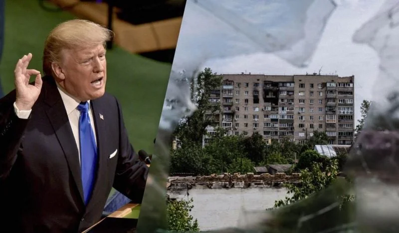 Дональд Трамп на тлі зруйнованого будинку від кривавих втрат попри обіцянку миру
