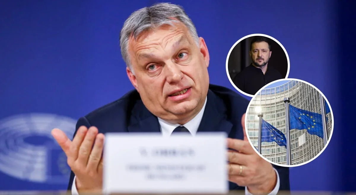 Віктор Орбан тримає лист із звинуваченнями та ультиматумом Зеленському на тлі прапорів ЄС