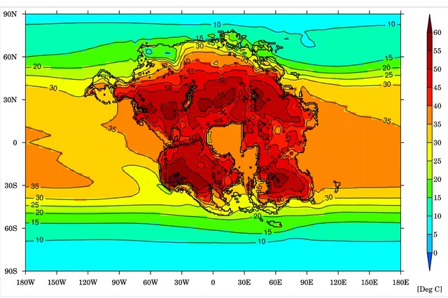 Карта температур Пангеї Ультими: екстремальна спека до 70°C у центрі суперконтиненту