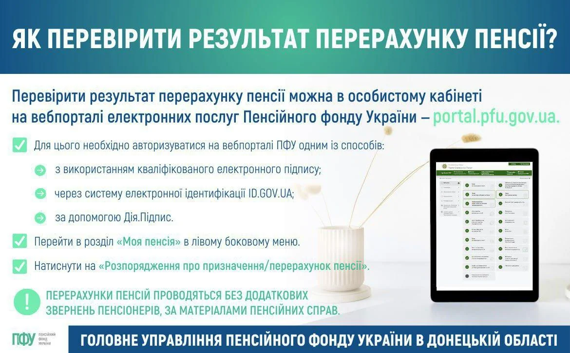 Покрокова інфографіка перерахунку пенсії онлайн через портал pfu.gov.ua