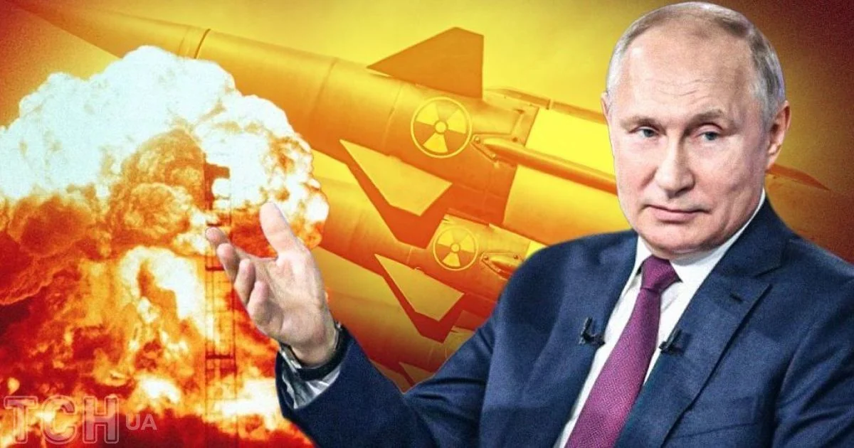 Володимир Путін жестикулює на тлі ядерних ракет і вибухів, символізуючи ядерний шантаж.