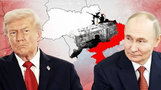 Володимир Путін і Дональд Трамп на тлі карти України з бойовими діями на сході