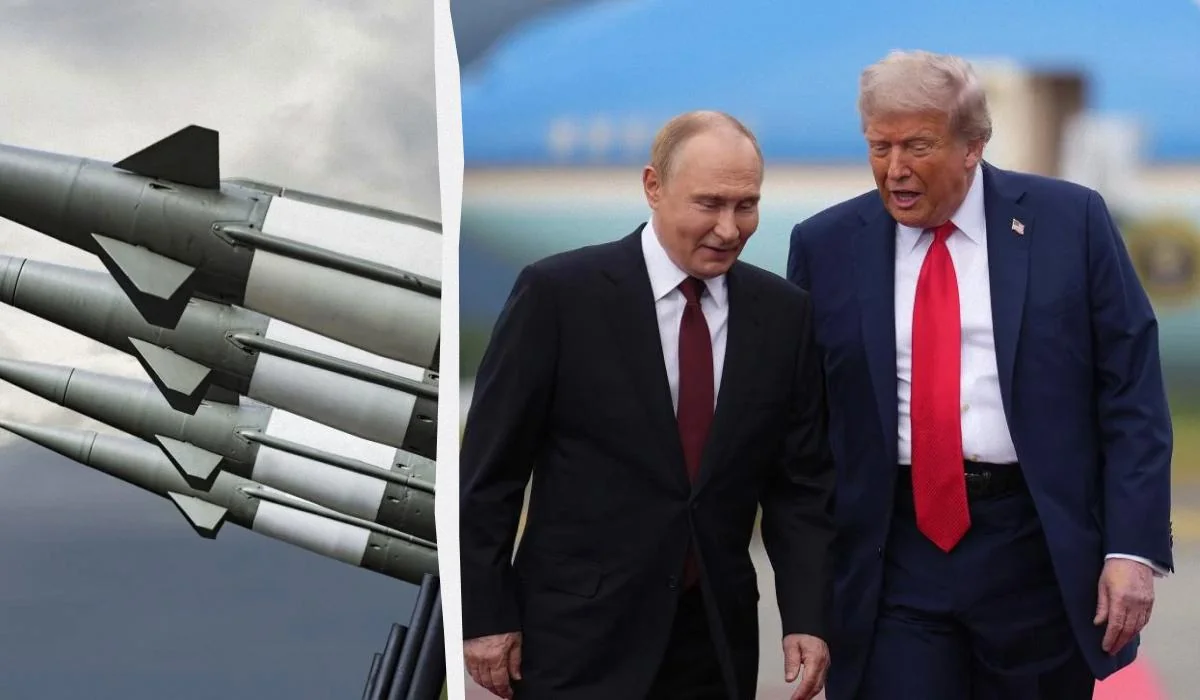 Путин и Трамп рядом с ядерными ракетами, символ переговоров России с США по ядерному оружию Украины