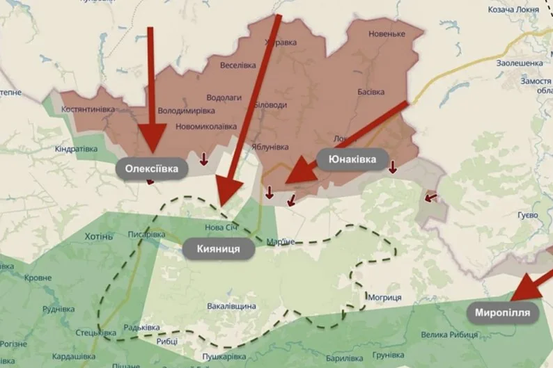 Карта Сумської області з червоними стрілками російських штурмових спроб на Сумський напрямок