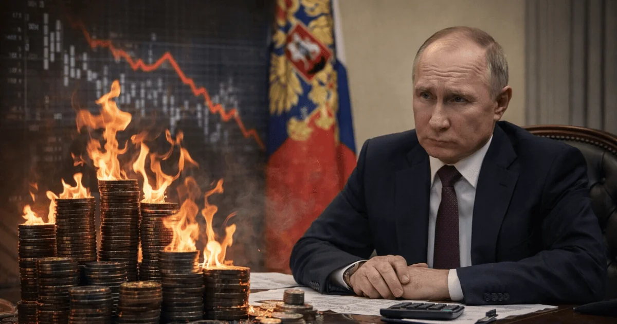 Володимир Путін за столом з палаючими монетами на тлі графіка падіння російської економіки в «зоні смерті»