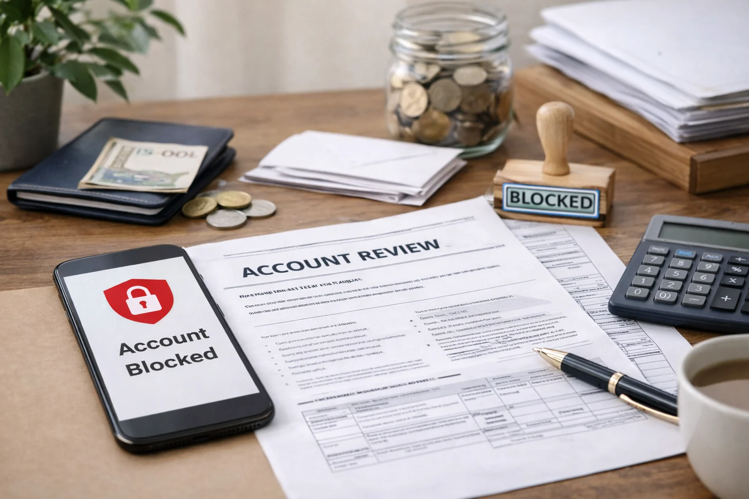 Стіл з печаткою BLOCKED, телефоном Account Blocked та документом Account Review банківського рахунку.