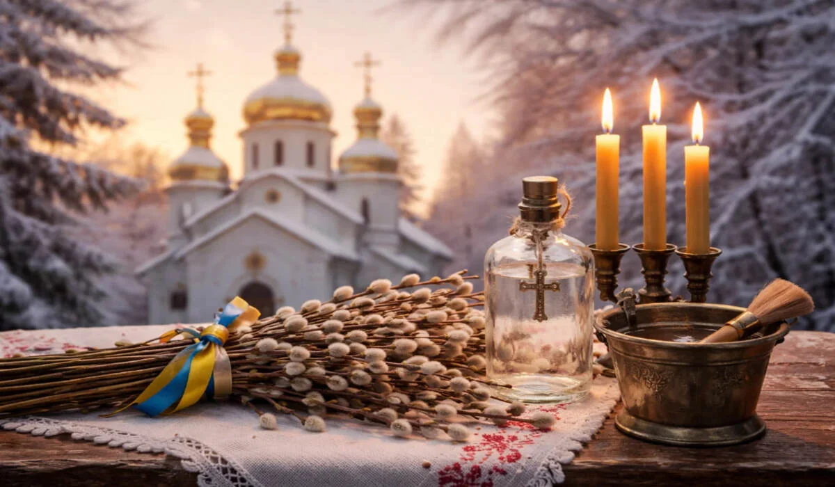Громничные свечи, освященная вода и лоза на Сретенье перед украинским храмом
