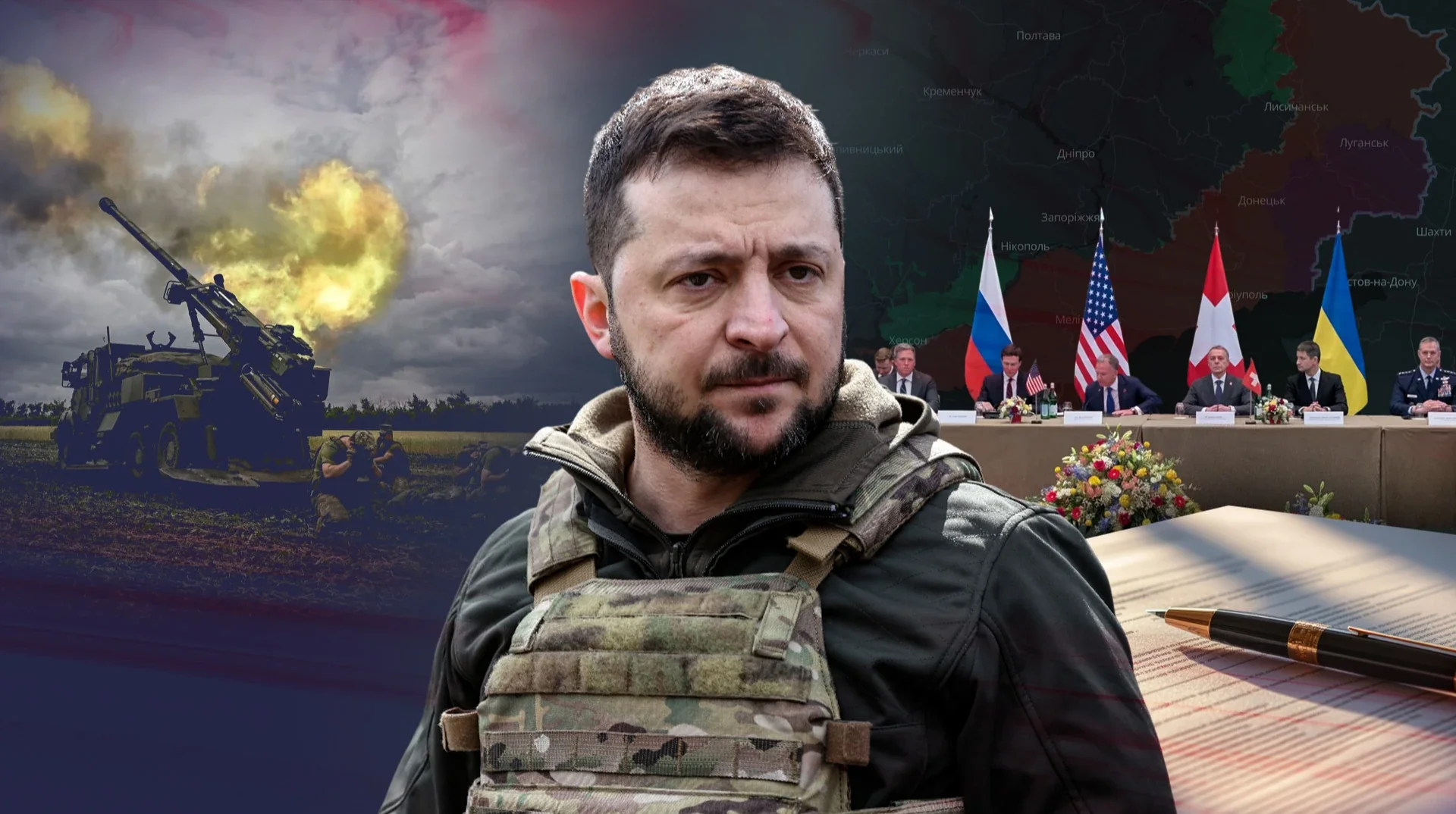Кирилл Буданов на переговорах по территориям с РФ на фоне войны и флагов стран