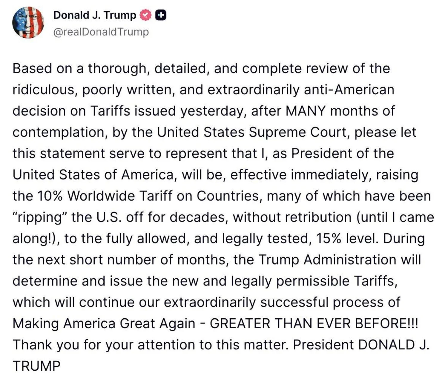 Дональд Трамп у Truth Social оголошує підвищення тарифів до 15% попри поразку в суді