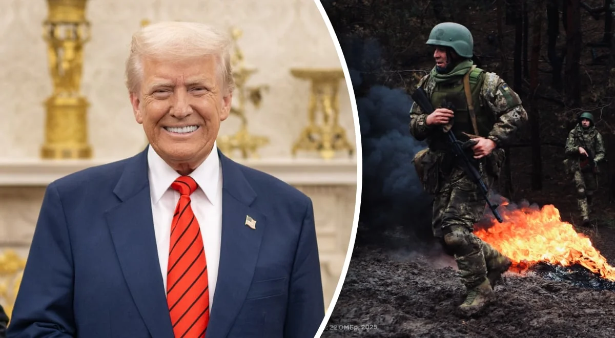 Трамп посміхається поруч із солдатами в бою серед вогню та диму, криваві втрати попри обіцянку миру