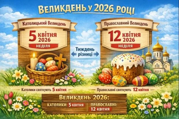 Католицький Великдень 5 квітня та православний 12 квітня 2026 з паскою, яйцями та церквою.
