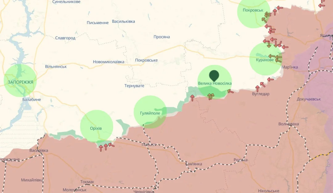 Карта зон весняного наступу РФ біля Покровська, Запоріжжя та Донбасу